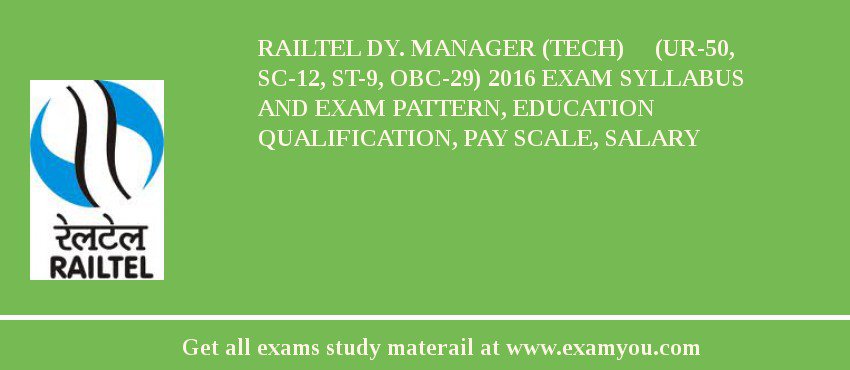 RAILTEL Dy. Manager (Tech)     (UR-50, SC-12, ST-9, OBC-29) 2018 Exam Syllabus And Exam Pattern, Education Qualification, Pay scale, Salary