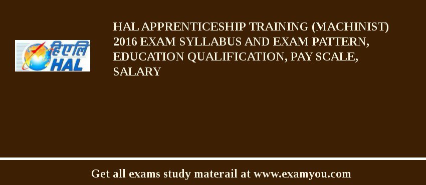 HAL Apprenticeship Training (Machinist) 2018 Exam Syllabus And Exam Pattern, Education Qualification, Pay scale, Salary